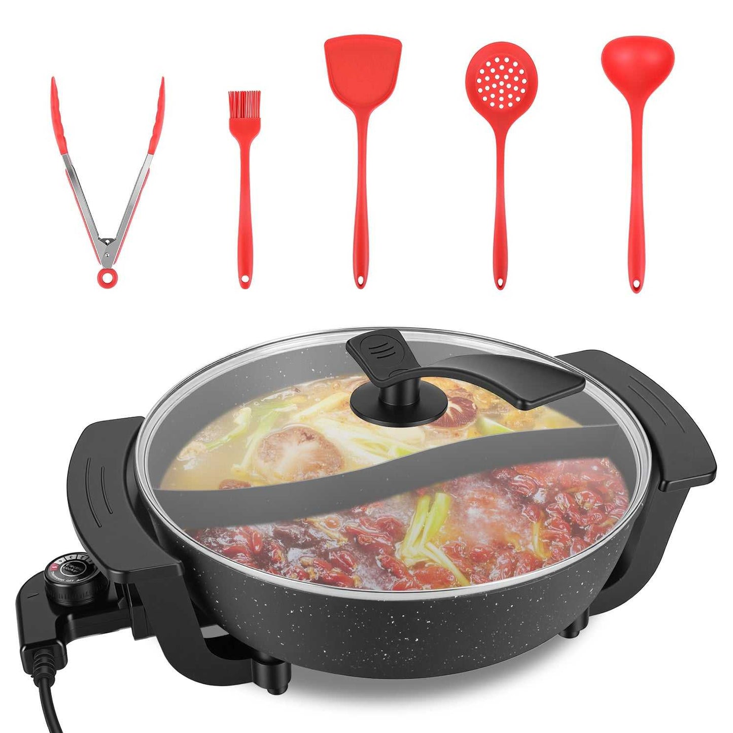 Black speckled electric hot pot with clear glass lid and side control knob