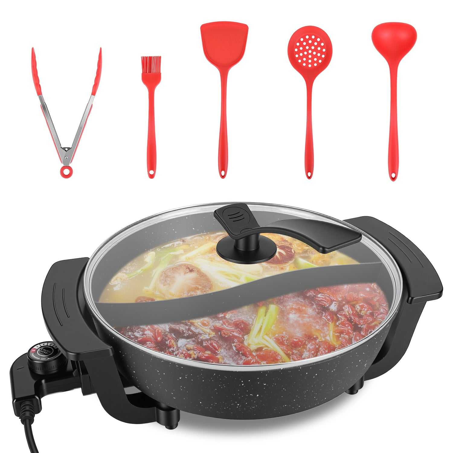 Black speckled electric hot pot with clear glass lid and side control knob