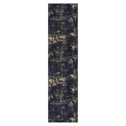 Black and gold speckled runner rug, long narrow rectangular design.