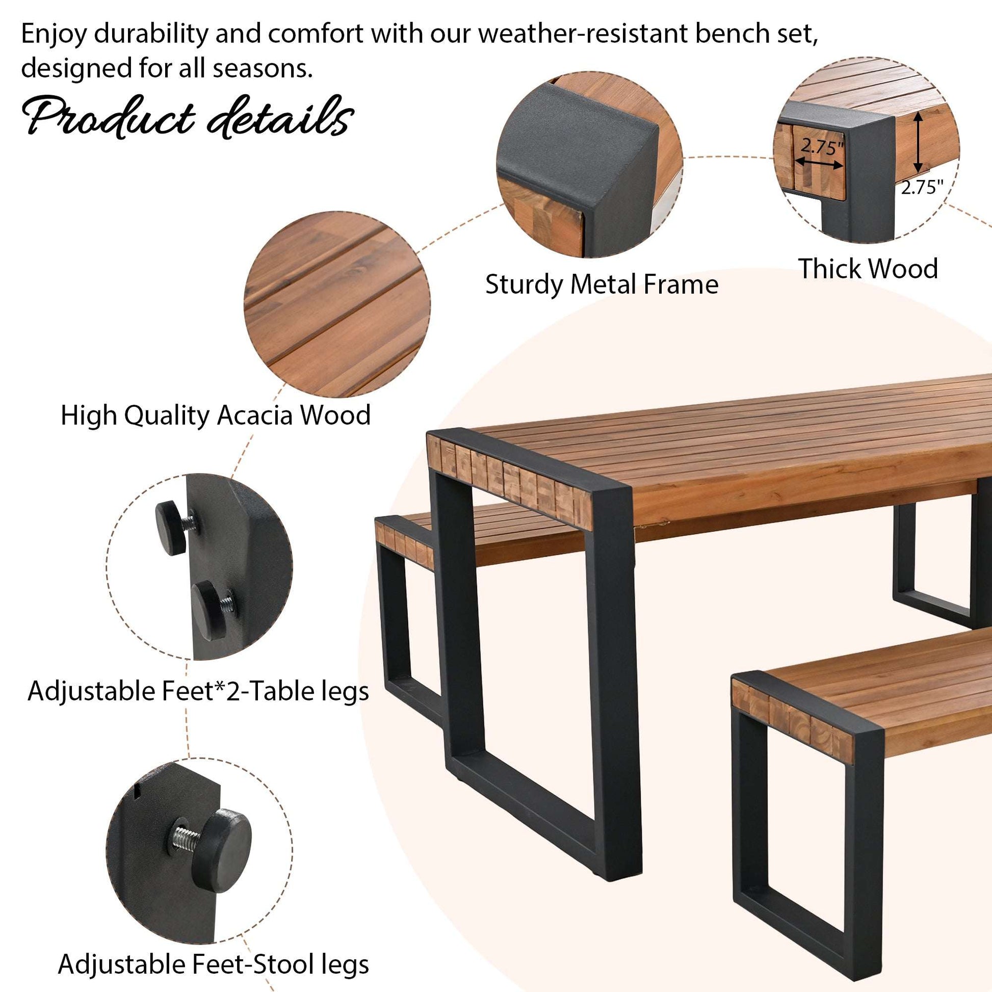 Acacia wood bench set detail: thick wood slats, sturdy metal frame and adjustable feet