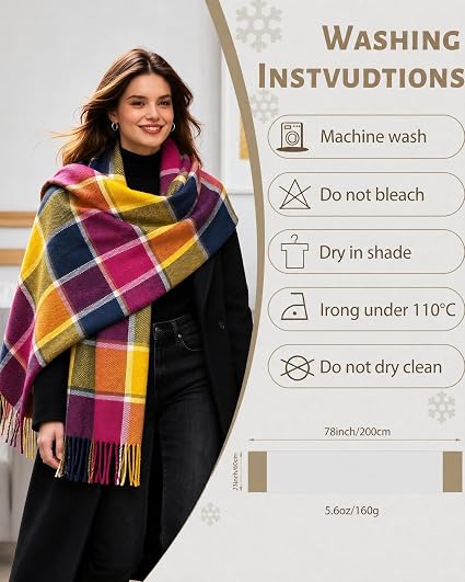 Women's plaid scarf with fringe in mustard, magenta, navy, and cream