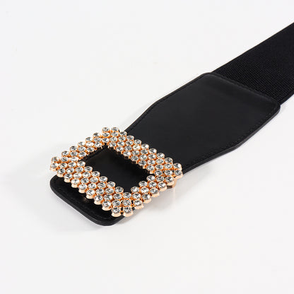 Elastic Female Black Rhinestone Square Buckle Elastic Waistband