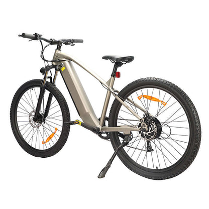 Electric fat-tire bicycle with light cream frame, black fork, front disc brake
