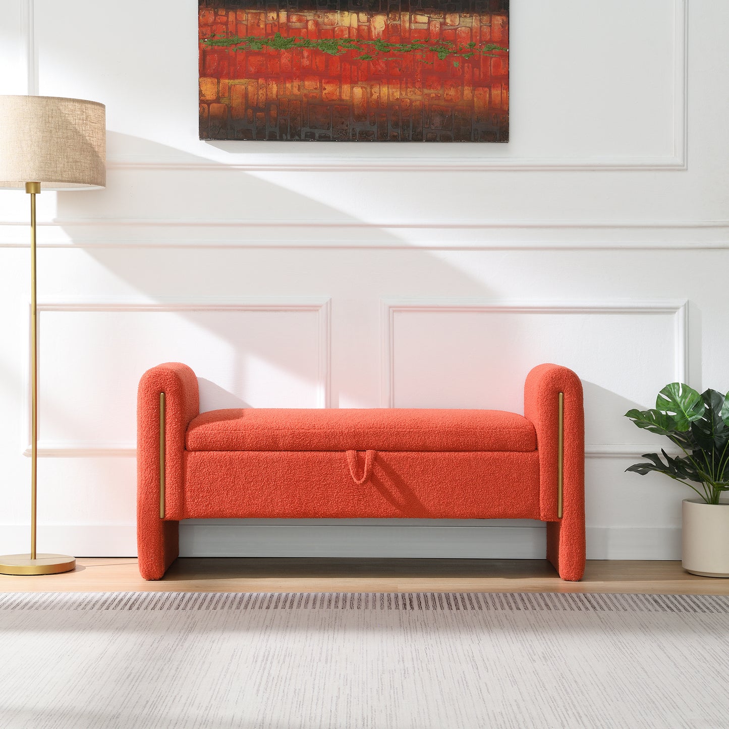 Modern Teddy Storage Bench with Arms - Orange Upholstered Ottoman