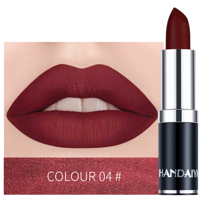 Moisturizing lipstick in wine red, shade 04, with silver-and-black tube