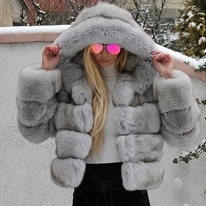 Women's Minimalist Patchwork Fur Jacket | Hooded Faux Fur Grass Coat Women's Minimalist Hooded Patchwork Fur | Ectron Online