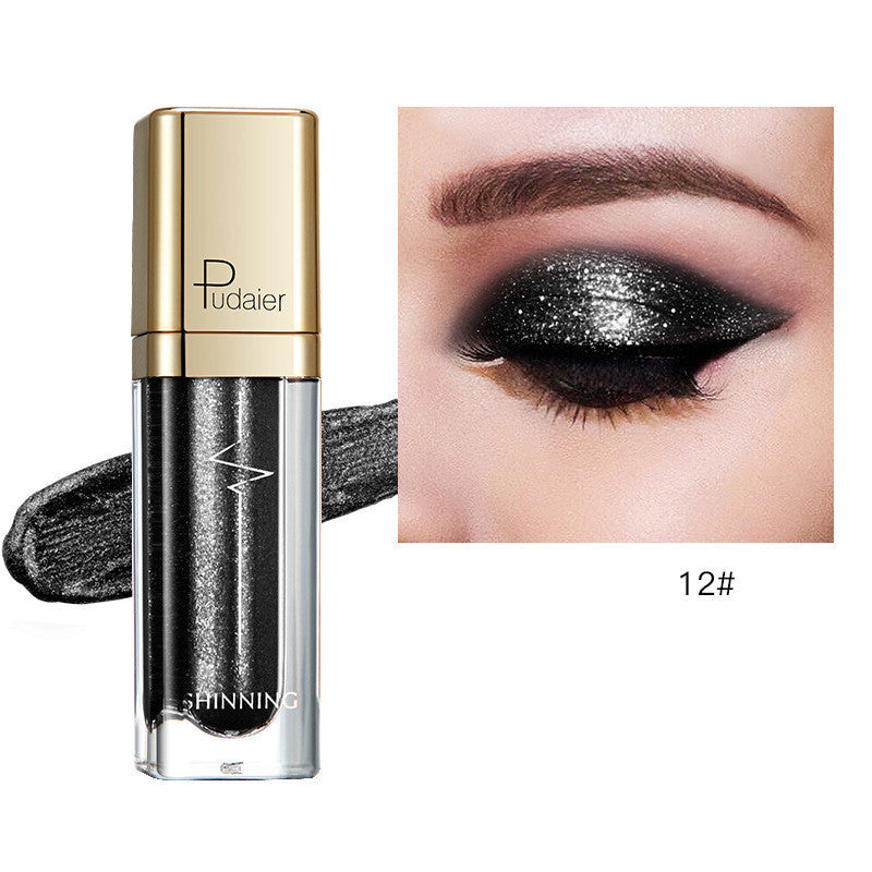 Glitter eyeshadow tube with black shimmer and matching eyelid swatch, Tudaier