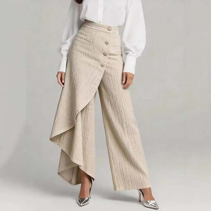 Light beige denim straight-leg pants with asymmetrical ruffle overlay and front buttons