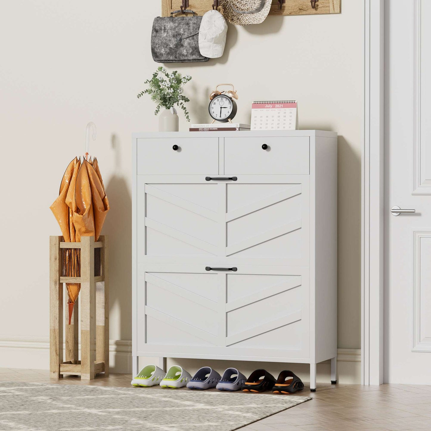 White shoe cabinet with flip-top shoe storage and two drawers, front view