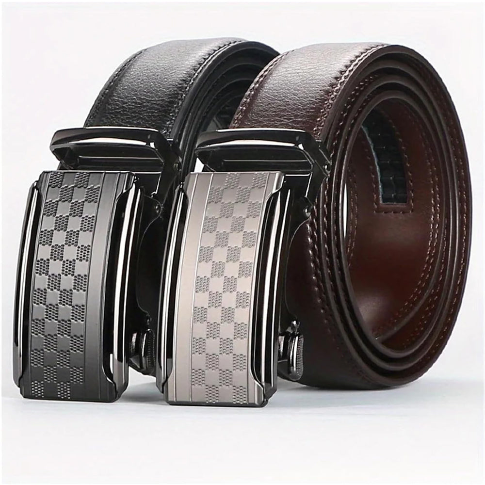 Pair of belts: black and brown leather with check-pattern anti-scratch buckle