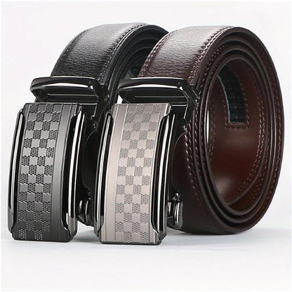Pair of belts: black and brown leather with check-pattern anti-scratch buckle