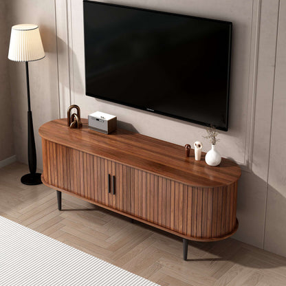 Walnut TV stand with sliding door, long top surface, black legs, rounded base