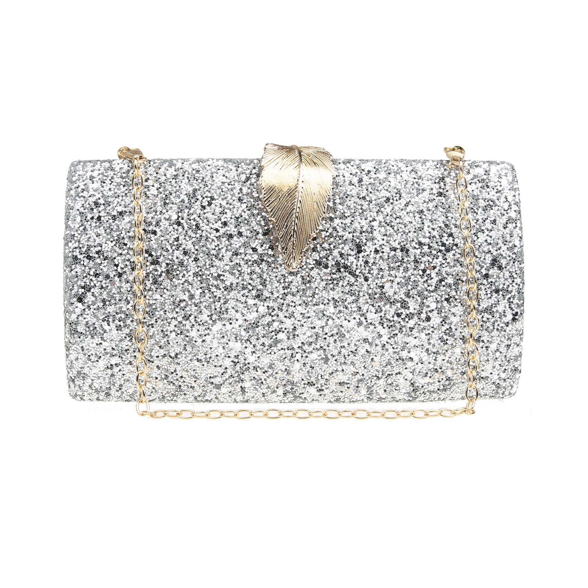 Silver sequin square clutch with silver feather clasp and chain strap.