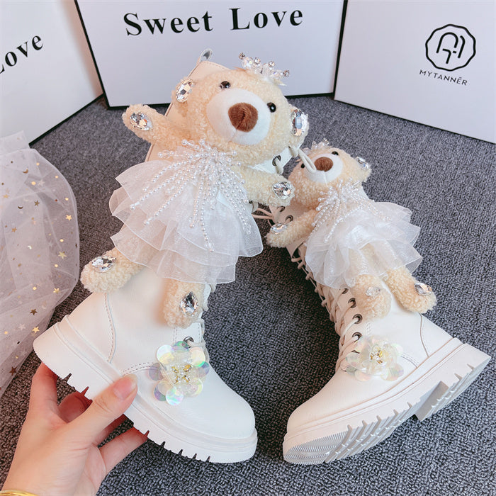 Bear-themed girls' boots, white PU with teddy plush and visible side zipper