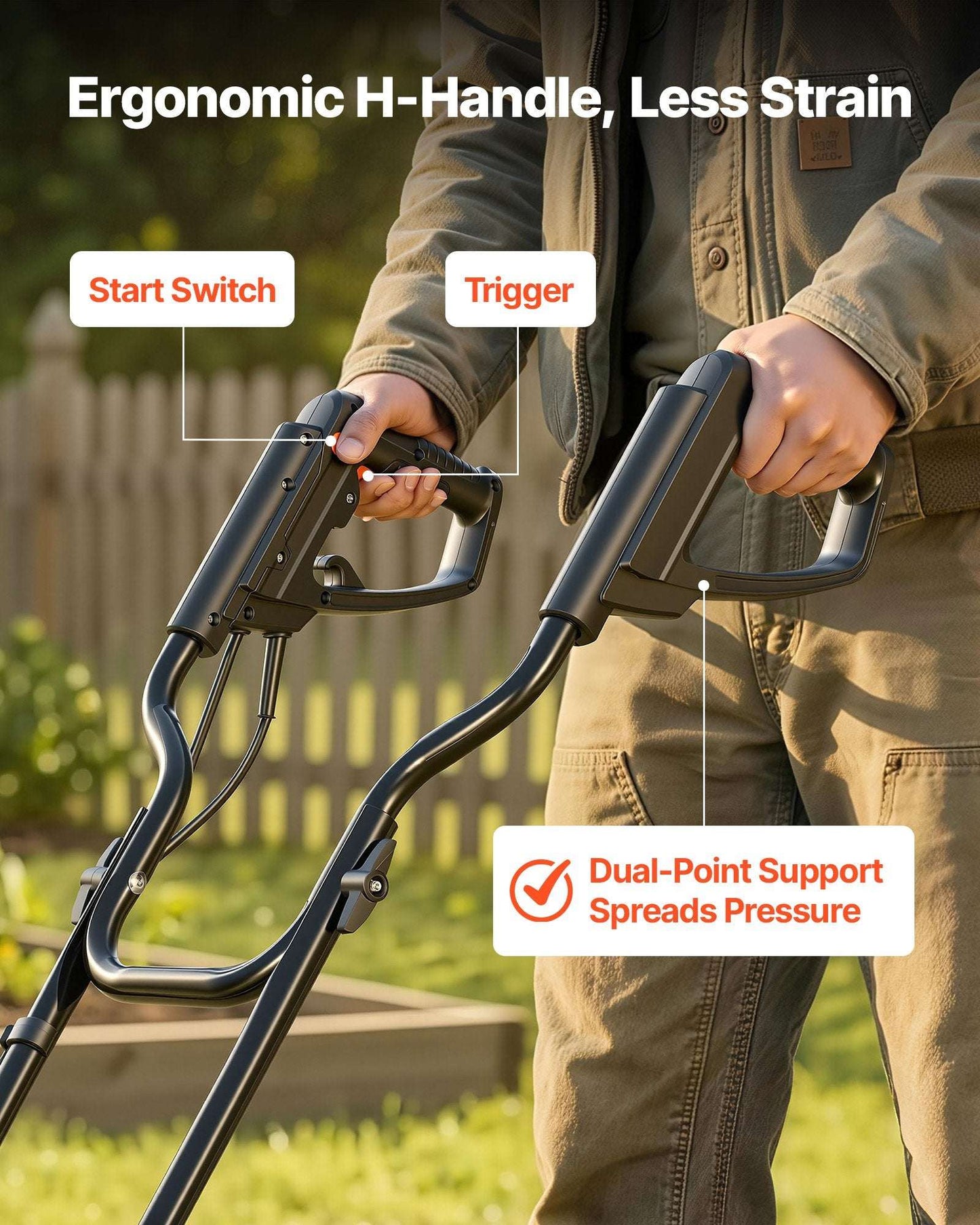 Electric rototiller with dual trigger hand controls and ergonomic H-style handle