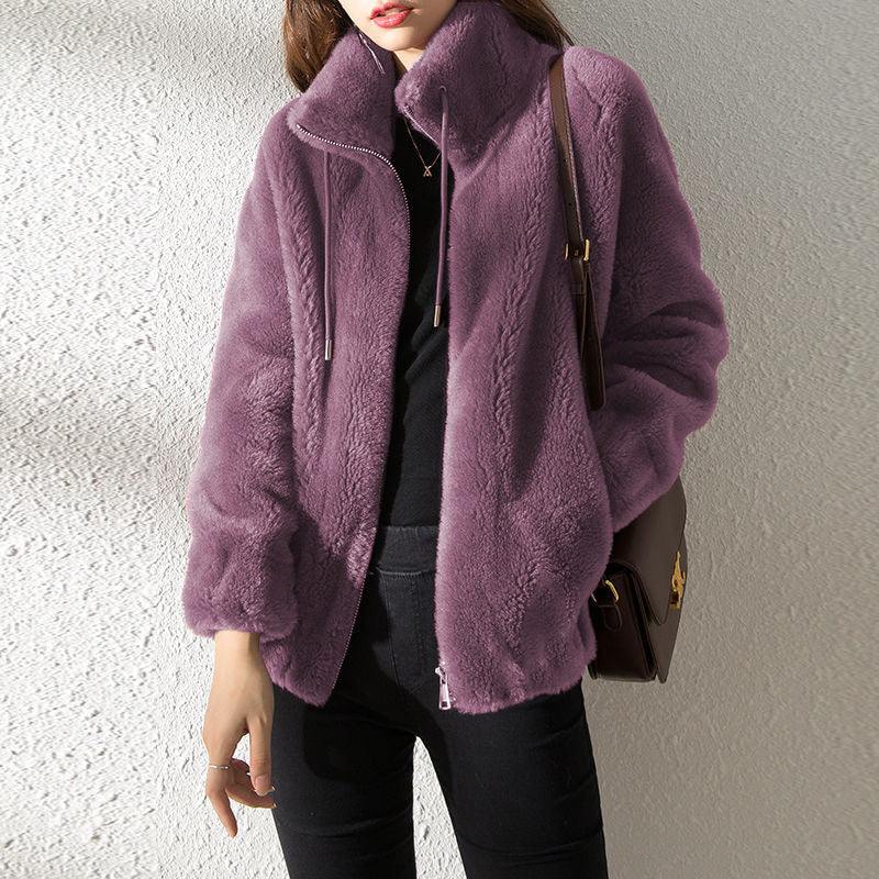 Women's Double-Faced Fleece Cardigan Double Faced Fleece Warm High Neck Sweat | Ectron Online