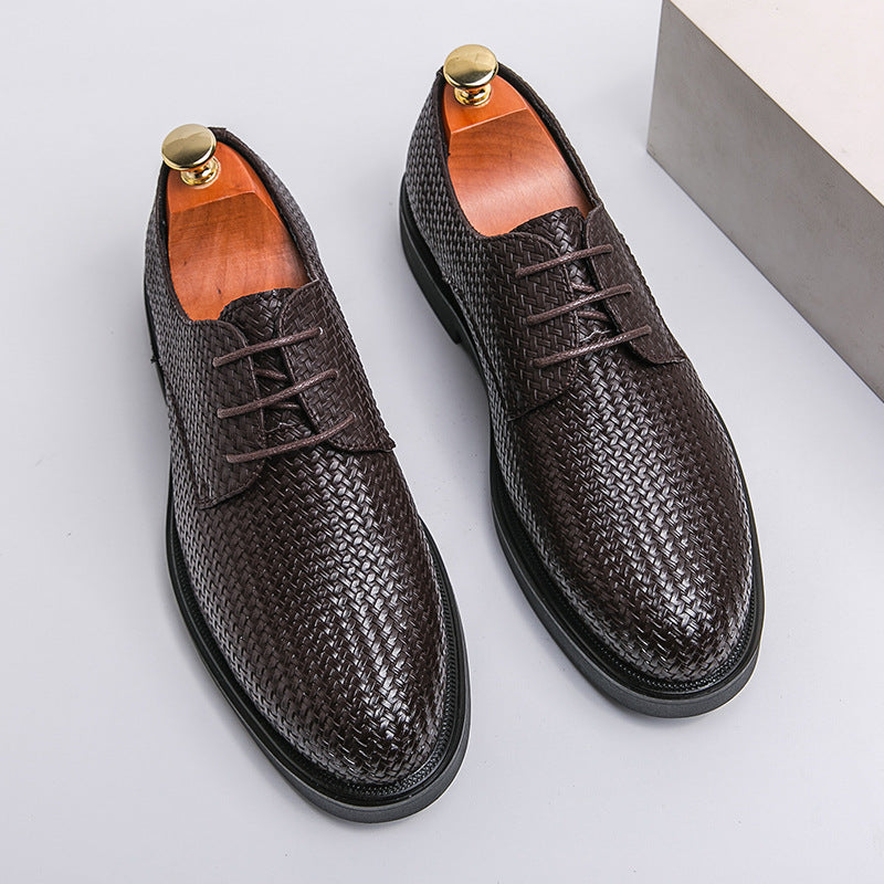 Men's woven leather platform lace-up shoes, dark textured black upper with gold-toned eyelets
