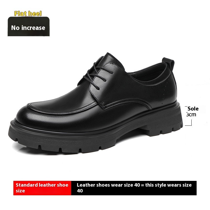 Men's flat heel dress shoes, black leather lace-up with 3cm sole height