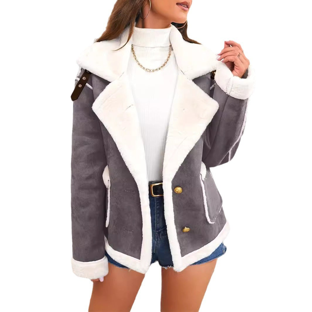 Women's Plush Polo Collar Jacket - Warm Casual Winter Fleece Coat