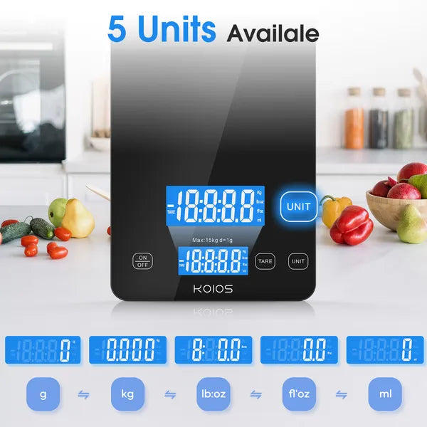 KOIOS 33lb Digital Kitchen Scale | 15kg Precision Food Scale with Type-C Charging