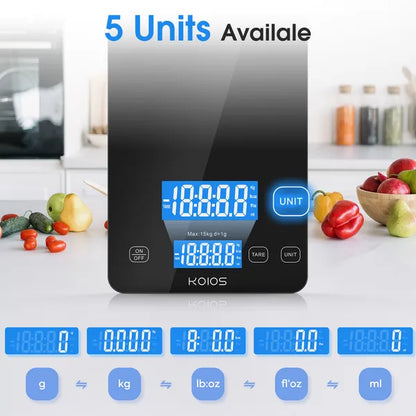 Black digital kitchen scale front view with LCD screen and unit buttons