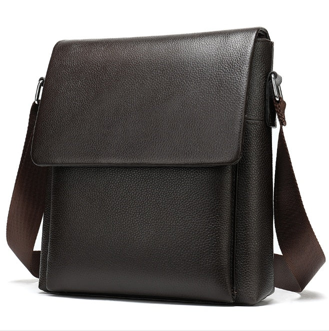 Men's shoulder bag with flap cover, textured dark brown-look finish, side buckle closure.