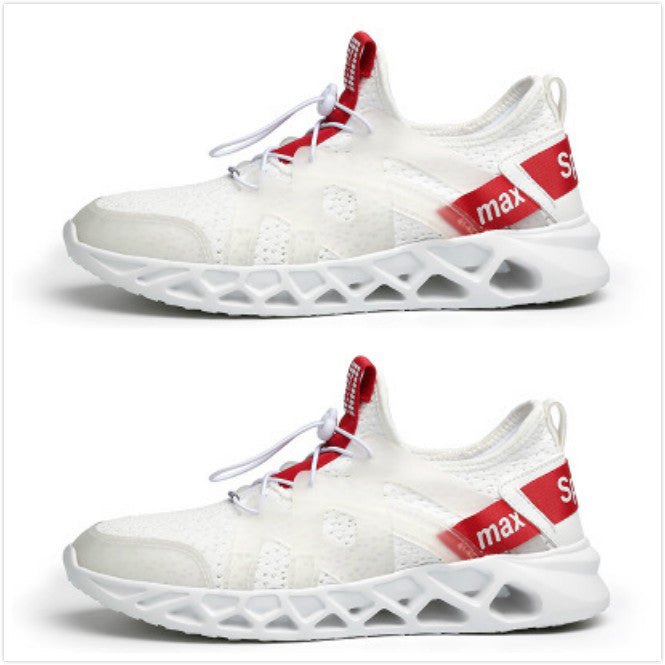 Breathable Blade running sneaker, white knit upper with red heel strap and laces