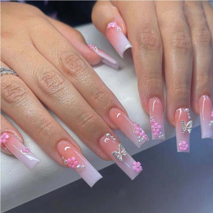 24pcs Flower & Diamond Butterfly Press-On Nails 24 PCS Flower Diamond Butterfly Nail Art | Ectron Online