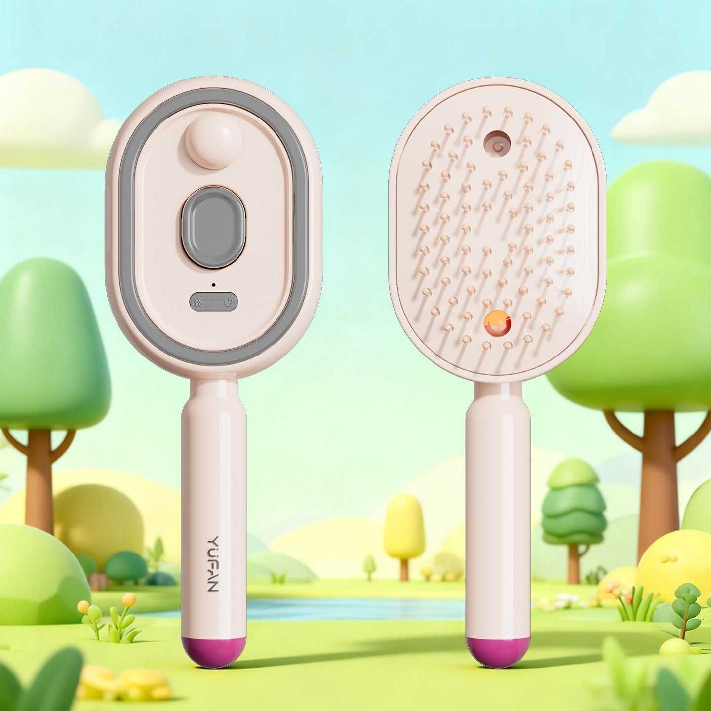 Electric spray massage comb in white with pink accents, circular spray head and bristles