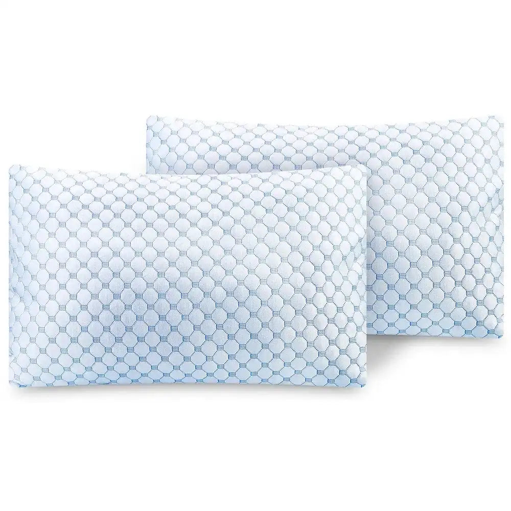 2-pack queen cooling gel memory foam pillows with ventilated cover, light blue patterned fabric
