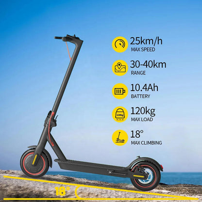 Black electric scooter, left-side profile with handlebar and deck visible