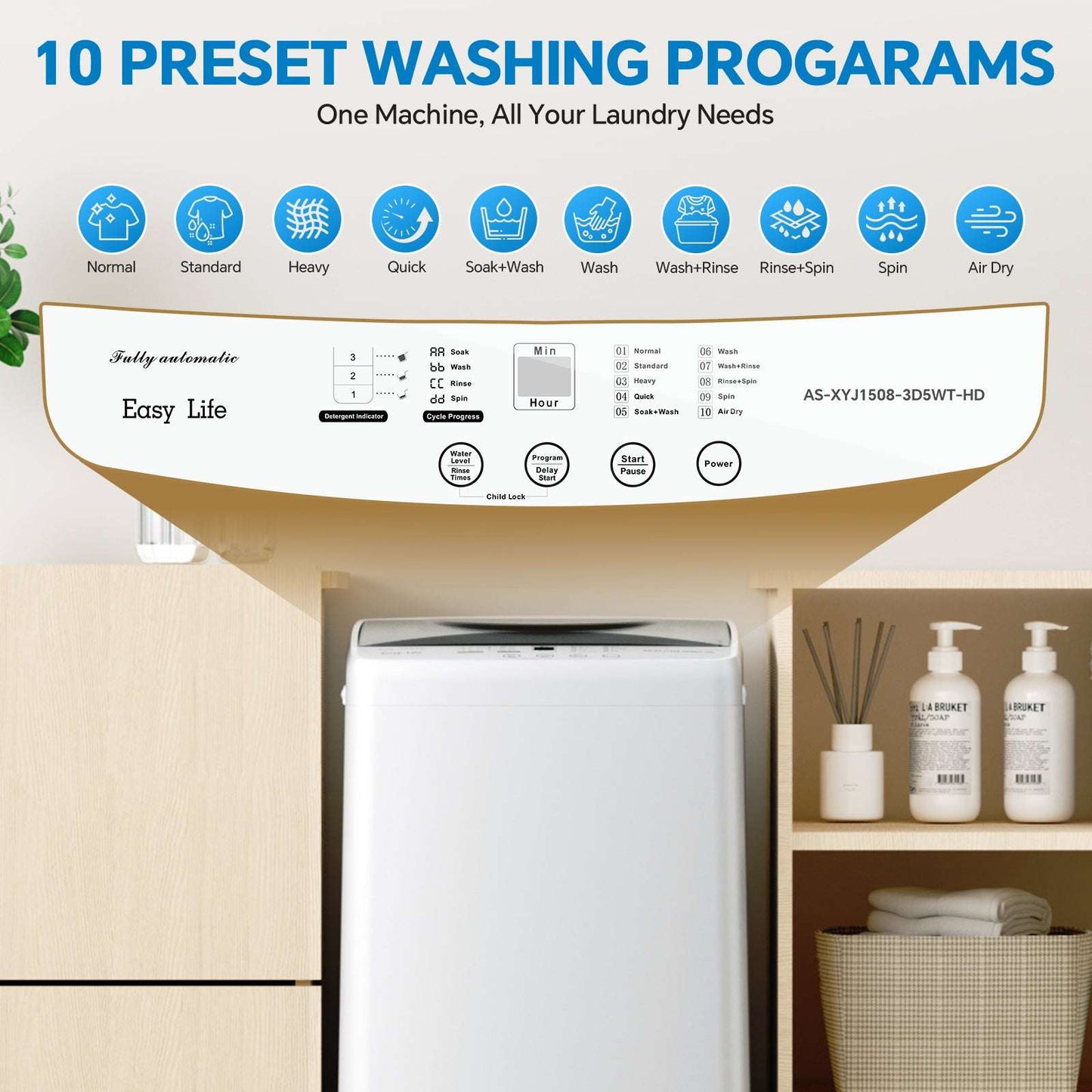 Compact portable washing machine with top lid and control panel, white design