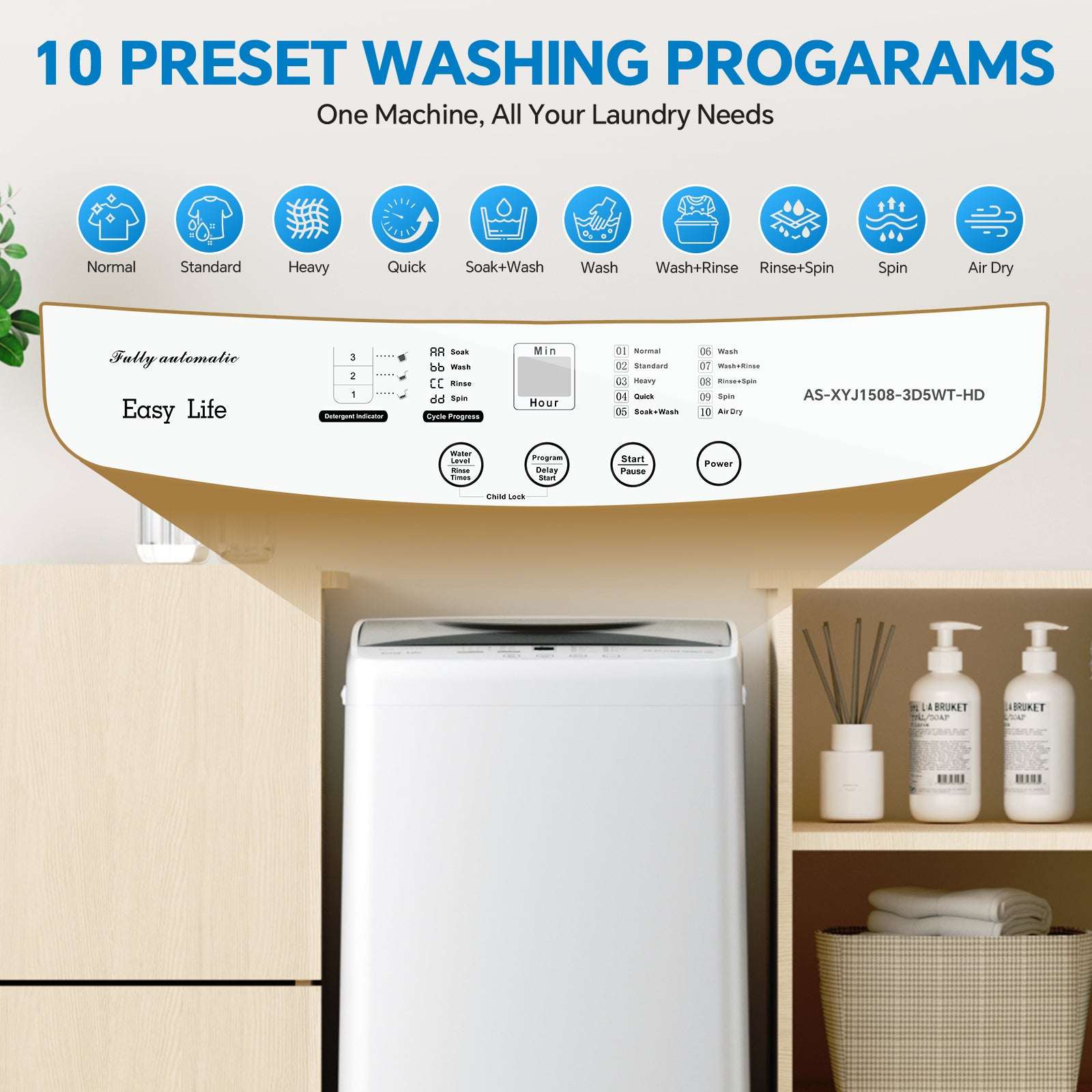 Compact portable washing machine with top lid and control panel, white design