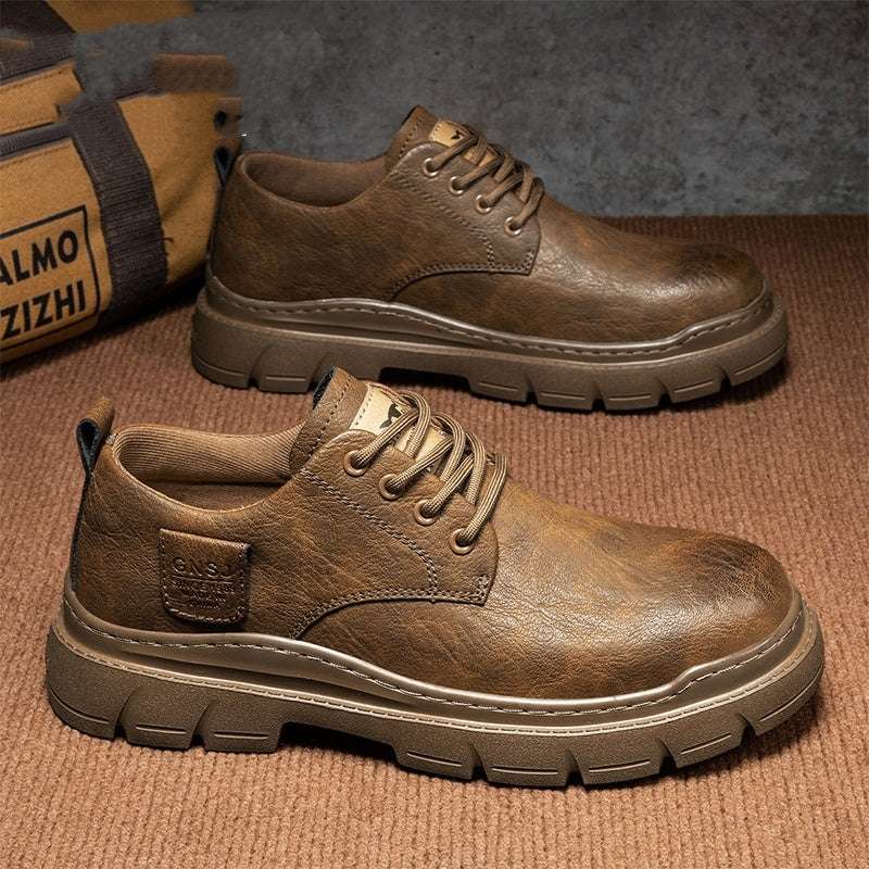 Men's brown lace-up leather business shoes, rounded toe, chunky rubber sole