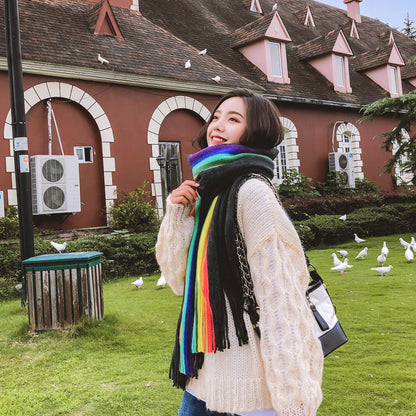 Rainbow Double Sided Scarf Women's Cashmere Tassel