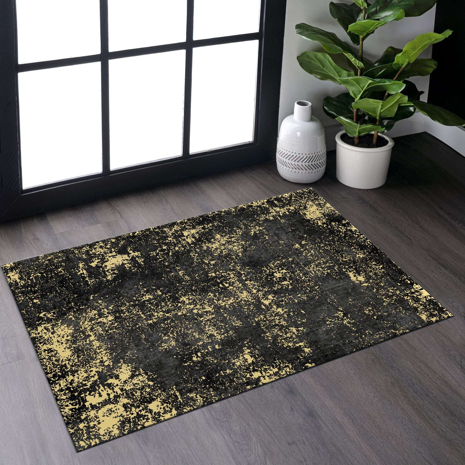 Maval Black & Gold Washable Doormat - 2x3 Small Entryway Rug