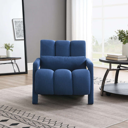 Dark blue upholstered accent chair with plump seat cushions and short arms