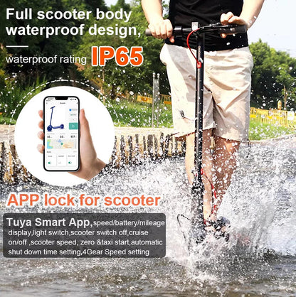 Electric scooter standing in splashing water, deck and stem visible