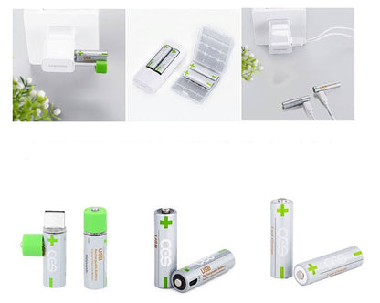 Set of rechargeable batteries with USB charging cable on a white background