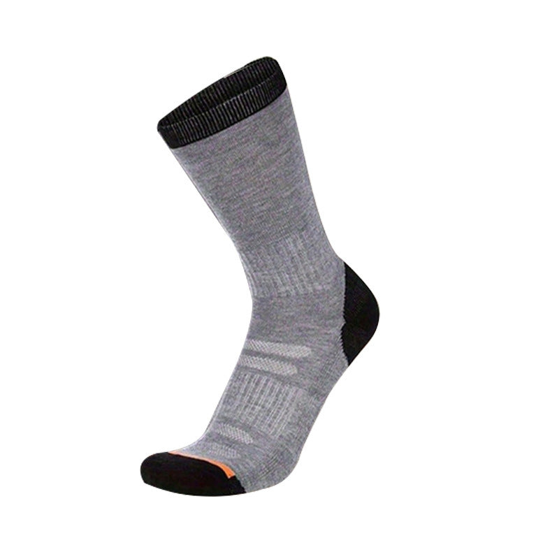 Gray sock with black top and sole on a white background