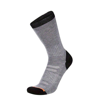 Gray sock with black top and sole on a white background