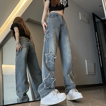 Blue XINGX Embroidered Jeans Women Loose Straight-leg Wide-leg Pants