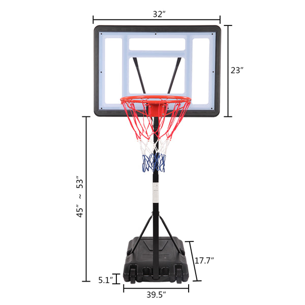 Portable basketball hoop size diagram with backboard, red rim, blue net, weighted base