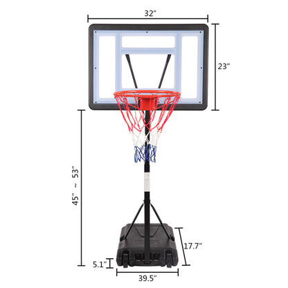 Portable basketball hoop size diagram with backboard, red rim, blue net, weighted base
