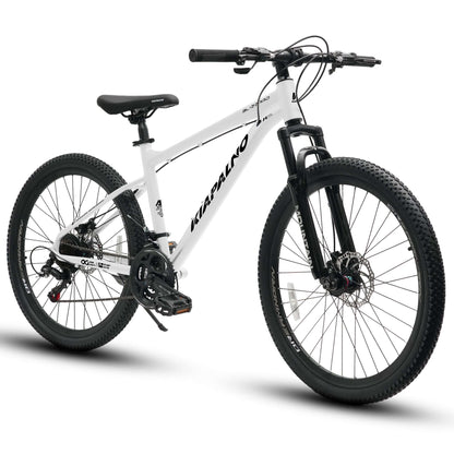 White all-terrain mountain bike with front suspension fork and disc brakes