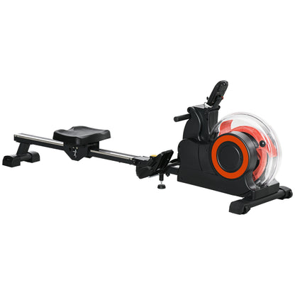 Foldable water rowing machine with black seat, silver rail, and orange front flywheel