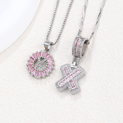 Rock Sugar 26-letter Pendant Necklace For Women, Copper Inlaid Zircon Round Flower Jewelry Set