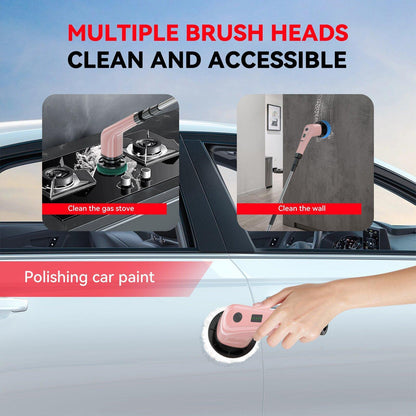 Electric cleaning brush with pink handle and round scrub head with multiple brush heads