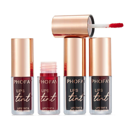 Lip tint set of four bottles with rose-gold caps and a red-tipped doe-foot applicator.