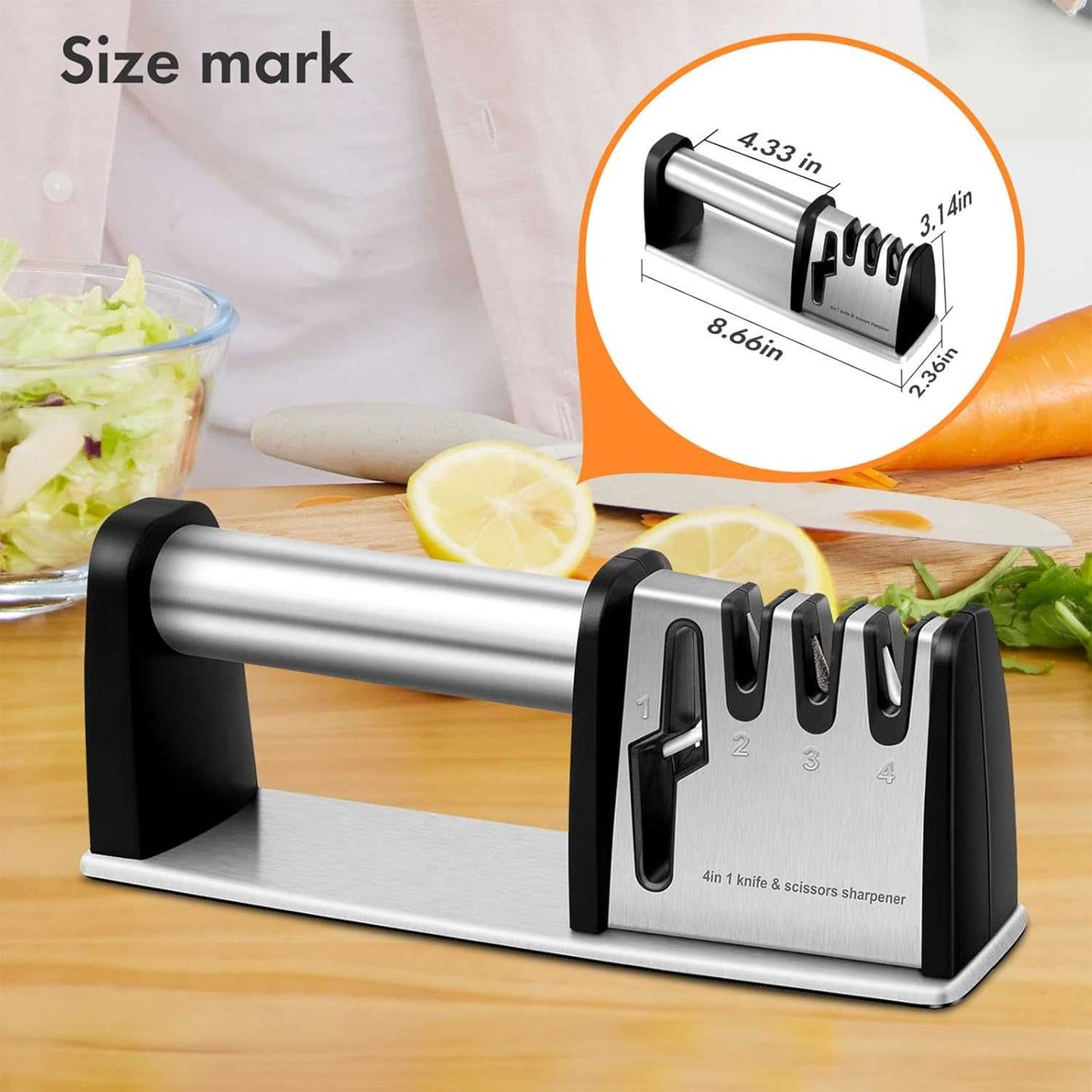 Kitchen sharpening tool with silver sharpening bar, black guards, and white base